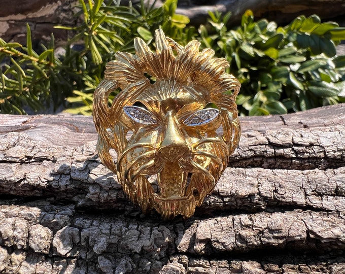 Lion Pendant, Lion Necklace, Gold Lion Pin, Diamond Lion, Gold Lion Brooch, Gold Lion Pendant
