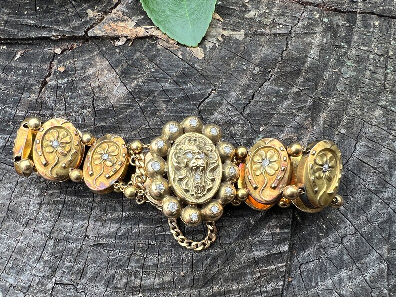 Victoriaanse armband, armband leeuw, armband madeliefje, antieke leeuw armband, armband bloemen, dierensieraden afbeelding 5