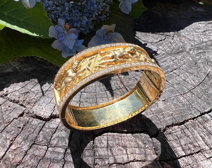 Cherub Gold Bangle, Cupid Bangle, Wide Diamond Bangle, Ornate Wide Bangle