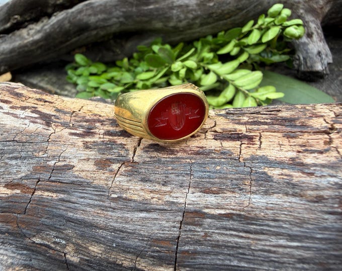 Antique Victorian 18k Gold Carved Carnelian Crest Signet Ring, Vintage 1900s Men's Ring