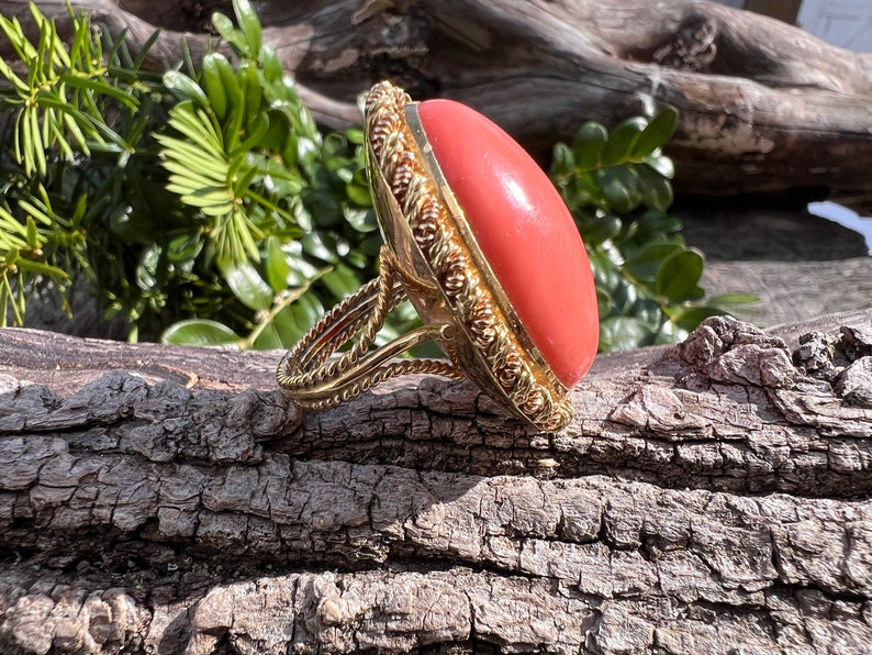 May include: A gold ring featuring a large, oval-shaped, coral gemstone. The ring has an intricate, rope-like design around the stone and band.