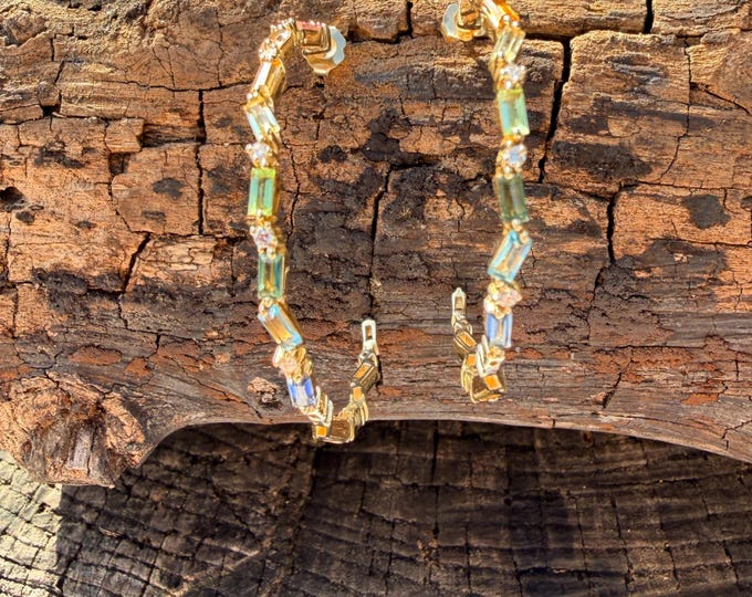 14k Yellow Gold Multi Gem Hoop Earrings: 1980s Rainbow Gemstone