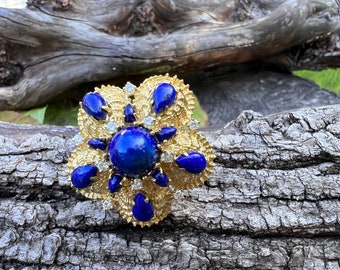 Lapis and Diamond Brooch, Gold and Lapis Brooch, Lapis Brooch, Diamond Brooch