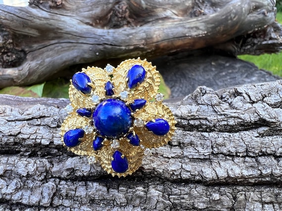 Lapis and Diamond Brooch, Gold and Lapis Brooch, … - image 1