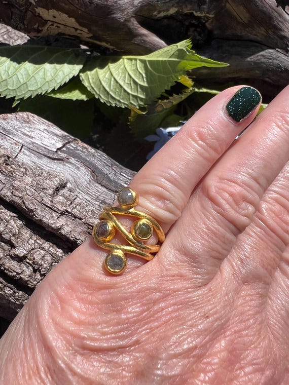 Rose Cut Black Diamond Ring: 24k Yellow Gold Cock… - image 3