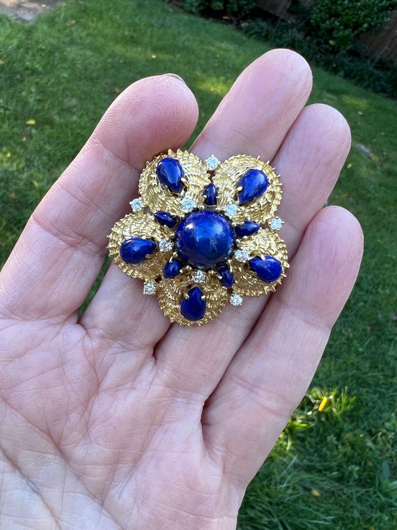 Lapis and Diamond Brooch, Gold and Lapis Brooch, … - image 5