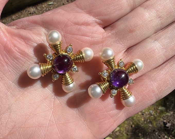 Yellow Gold Amethyst, Citrine Diamond and Pearl Earrings