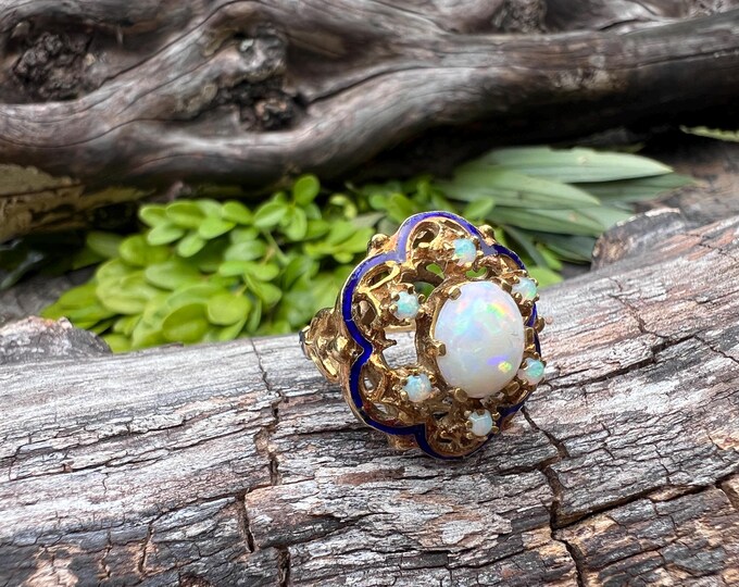 18k Gold Opal Cluster Ring: Vintage Domed Cocktail Ring, Size 5.5