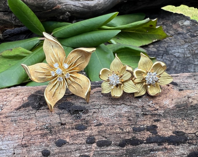 Diamond Flower Brooch, Flower Pin and Earring Se, Diamond Flower Earrings,  Gold Flower, Diamond Flower, Floral Brooch