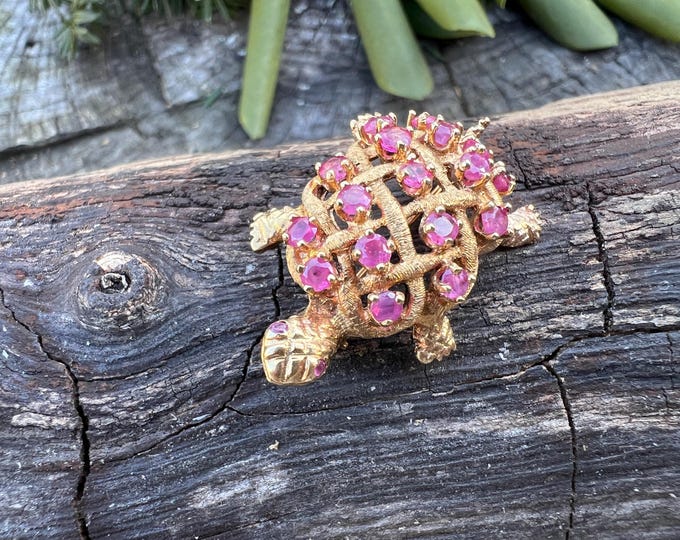 Ruby Turtle Pin, Gold Tortoise, Gold Turtle Charm, Ruby Turtle Brooch