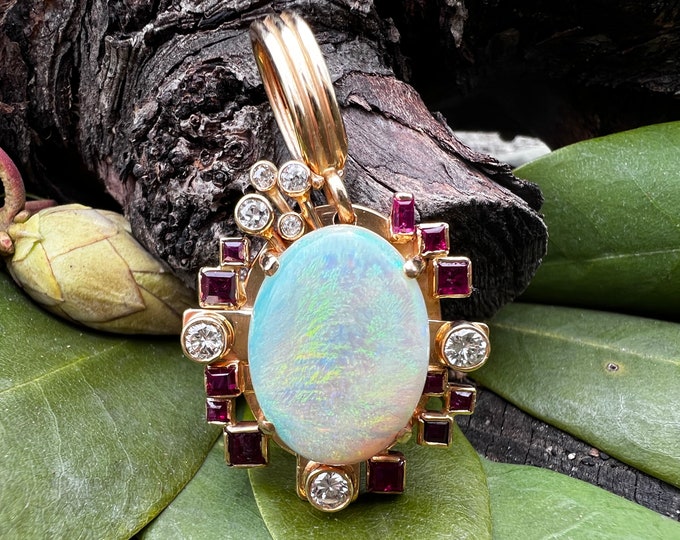 Opal and Ruby Pendant, Opal and Diamond Pendant, Opal Pendant, October Birthstone