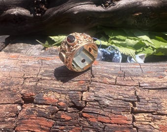 Etruscan 14k Gold Garnet Band: Vintage Wide Wedding Ring