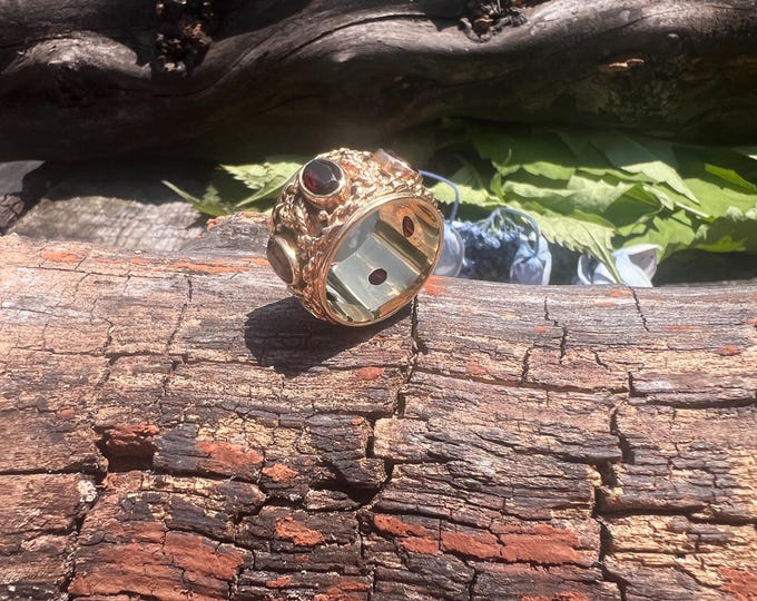 Wide Gold Garnet Band, Garnet Wedding Band, Wide Garnet Band, Garnet  Eternity Band, Etruscan Style, January Birthstone