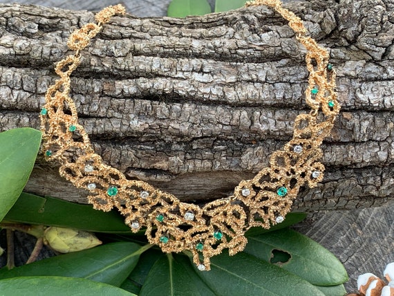 Emerald and Diamond Choker, Wide Gold Choker, Wide