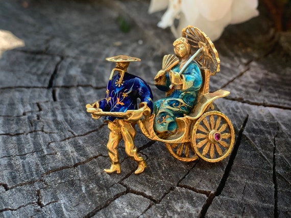 Gold Rickshaw, Enamel Rickshaw, Rickshaw Brooch, Rickshaw Pin