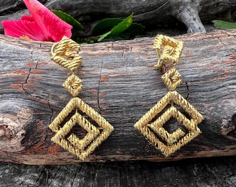 18K Gold Large Dangle Earrings,  Yellow Gold Dangle Earrings