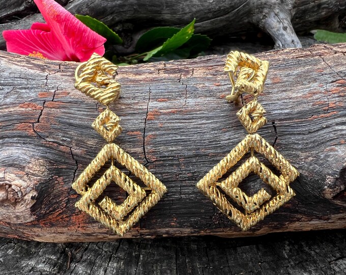 18K Gold Large Dangle Earrings,  Yellow Gold Dangle Earrings