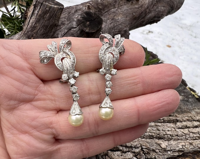 Diamond and Pearl Earring, Pearl Chandelier Earring, Diamond Dangle Earring