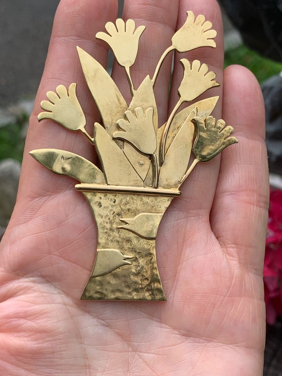 Gold Flower Brooch, Basket of Flowers Brooch, Flo… - image 7