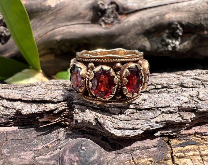 Wide Gold Garnet Band, Garnet Wedding Band, Wide Garnet Band, Garnet  Eternity Band, Etruscan Style, January Birthstone