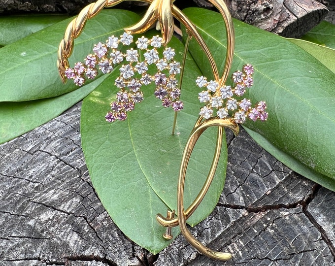 Sapphire Flower Pin, Pink Sapphire Flower Brooch, White Sapphire Pin, Gold Flower Pin