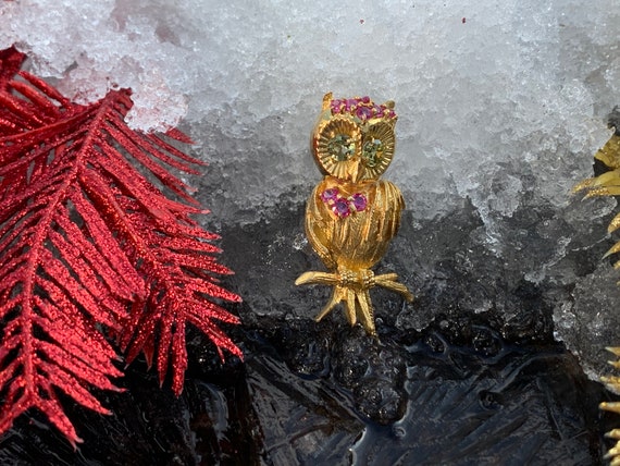 Gold Owl Brooch, Ruby Owl Brooch, Gold Bird Brooch, Owl Brooch, Gold Owl, Enamel Owl, Brooch Bouquet, Bridal Brooch