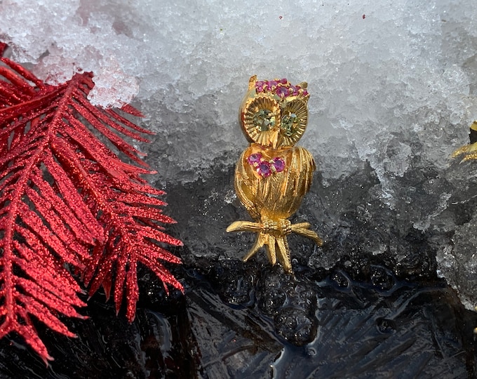 Gold Owl Brooch, Ruby Owl Brooch, Gold Bird Brooch, Owl Brooch, Gold Owl, Enamel Owl,  Brooch Bouquet, Bridal Brooch