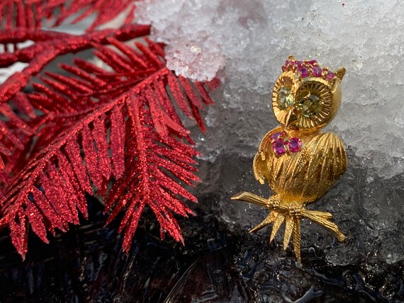 Gold Owl Brooch, Ruby Owl Brooch, Gold Bird Brooc… - image 4