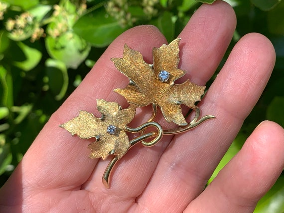 Maple Leaf Diamond Pendant, Gold Leaf Brooch, Map… - image 3