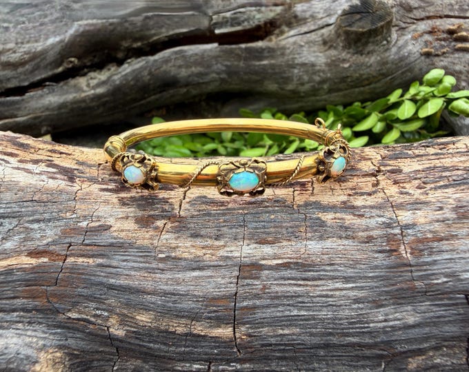 14K Yellow Gold Bangle with Opals, 1950s Ornate Jewelry
