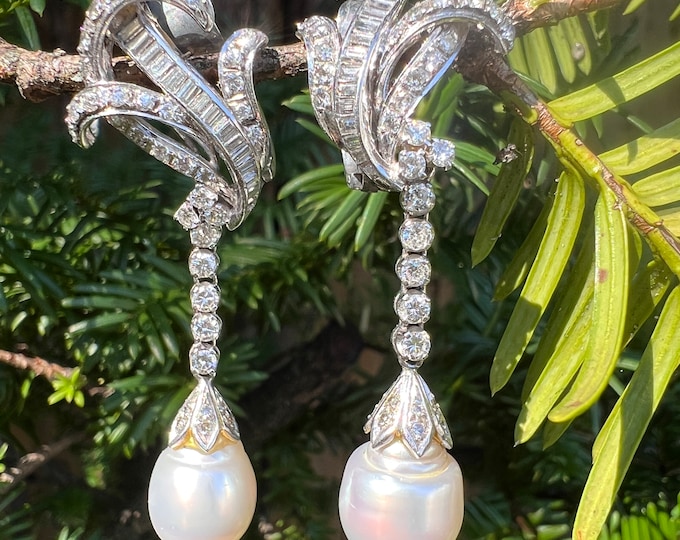Platinum Diamond and South Sea Pearl Earring, Pearl Chandelier Earring, Diamond Dangle Earring