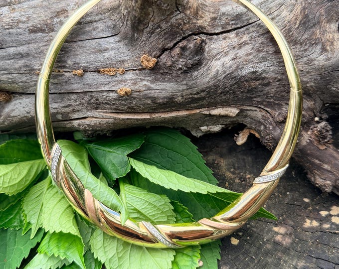 14k Yellow Rose Gold Diamond Choker, Vintage 1970s Italian Woven Swirl Necklace