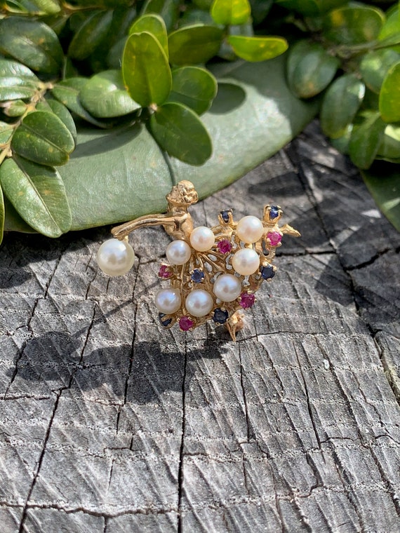 Yellow Gold Ballerina Brooch, Pearl and Ruby Danc… - image 5