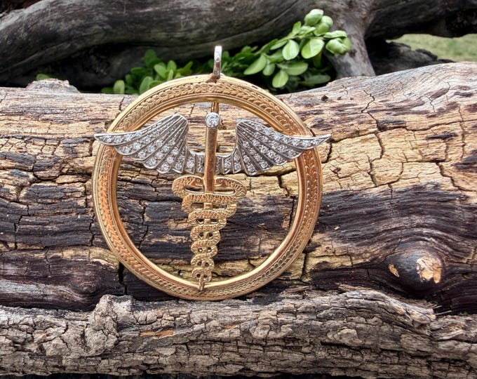 14k Yellow Gold Diamond Caduceus Charm Pendant, Medical Symbol Jewelry