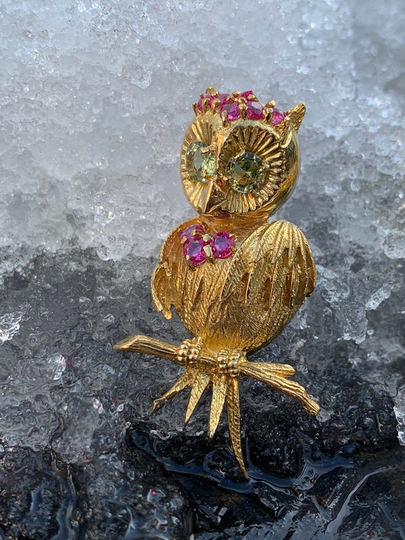 Gold Owl Brooch, Ruby Owl Brooch, Gold Bird Brooc… - image 2