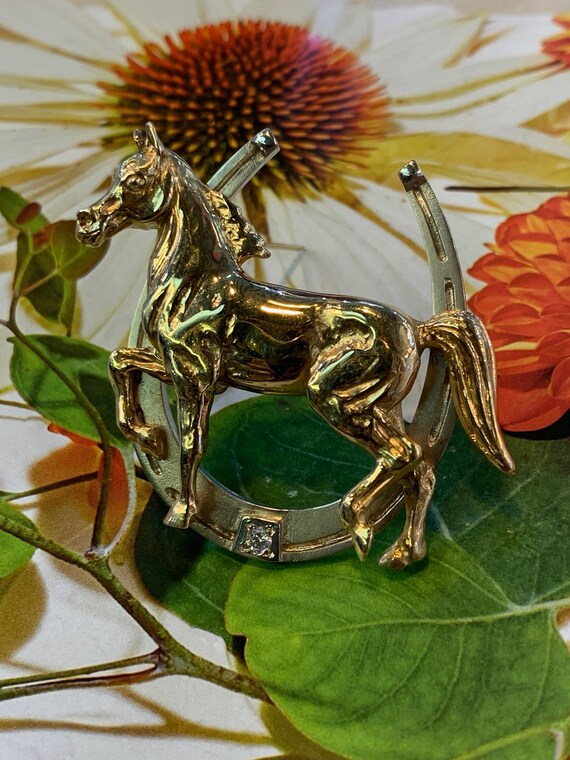 Diamond Horse Pin, Gold Horse Brooch, Equestrian Pin,… Gem