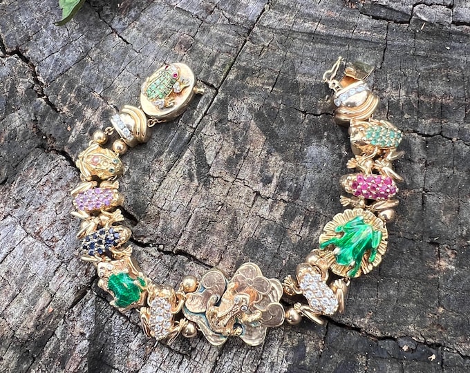 14k Gold Frog Slide Bracelet, Diamond, Ruby, Emerald, Sapphire, Amethyst