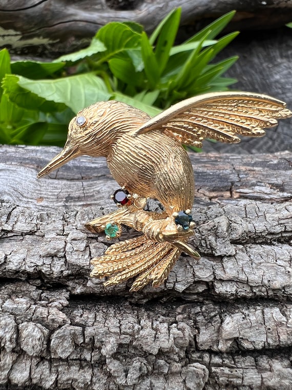 Gold Bird Brooch, Multi Gem Bird Pin, Bird Brooch
