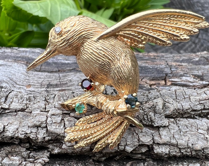 Gold Bird Brooch, Multi Gem Bird Pin, Bird Brooch