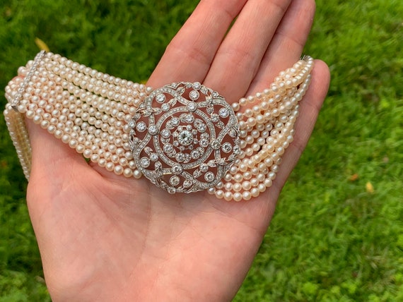 Platinum Pearl Choker, Art Deco Style Choker, Dia… - image 8