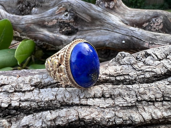 Yellow Gold and Blue Lapis Statement Ring, Lapis Cocktail Ring, Lapis Lazuli Ring