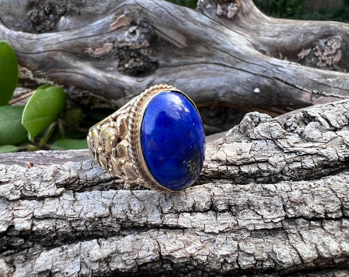 Yellow Gold and Blue Lapis Statement Ring, Lapis Cocktail Ring, Lapis Lazuli Ring