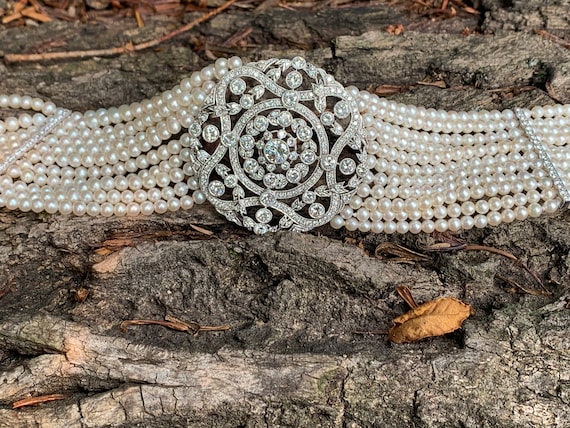 Platinum Pearl Choker, Art Deco Style Choker, Dia… - image 2