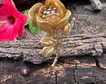 Diamond Flower Brooch, Diamond Rose Pin, En Tremblant Pin, Gold Flower, Diamond Rose, Floral Brooch  Flower Pin