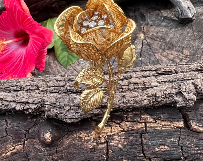 Diamond Flower Brooch, Diamond Rose Pin, En Tremblant Pin, Gold Flower, Diamond Rose, Floral Brooch  Flower Pin