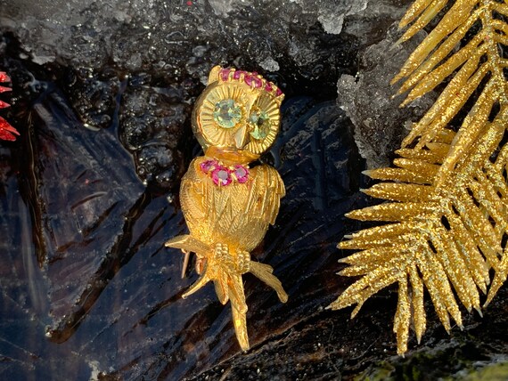 Gold Owl Brooch, Ruby Owl Brooch, Gold Bird Brooc… - image 8