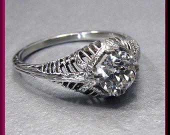 Vintage Diamond Engagement Ring Art Deco Diamond Engagement Ring with Old European Cut Diamond 18K White Gold Wedding Ring