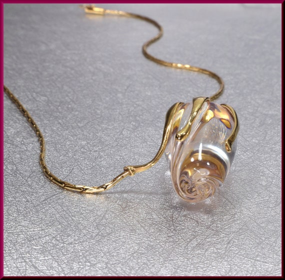 Vintage Steuben 14k Yellow Gold Glass Rose Neckla… - image 3