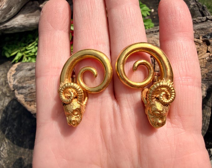 22k Gold Ram Head Earrings,  Aries Astrological Symbol
