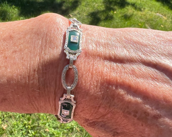 Art Deco Bracelet, Chrysoprase Bracelet, Filigree Bracelet, Deco Bracelet